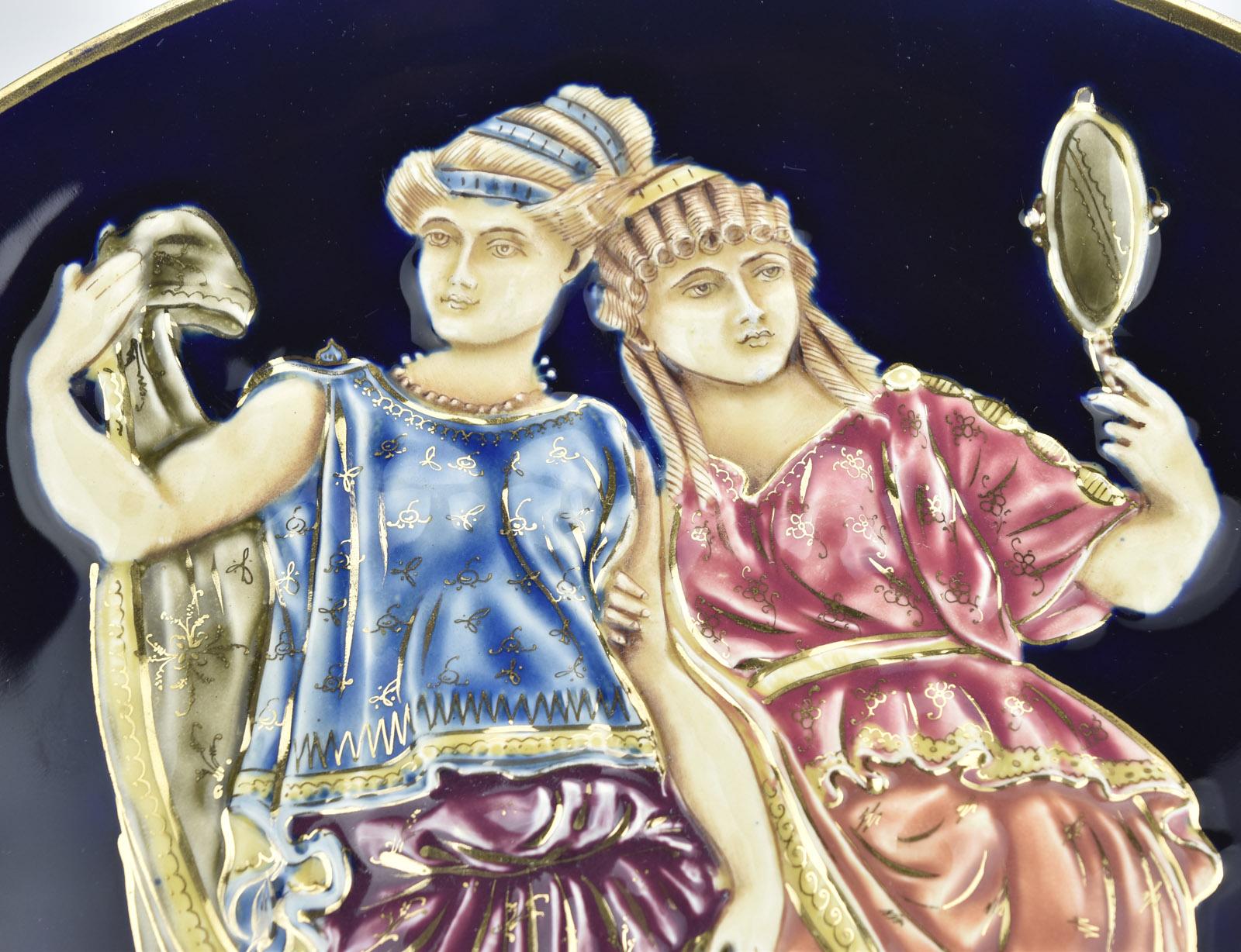 Embossed Antique Victorian Cobalt Majolica Plate of Greek Goddesses Barbotine Revival For Sale
