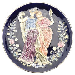 Antique Victorian Cobalt Majolica Plate of Greek Goddesses Barbotine Revival