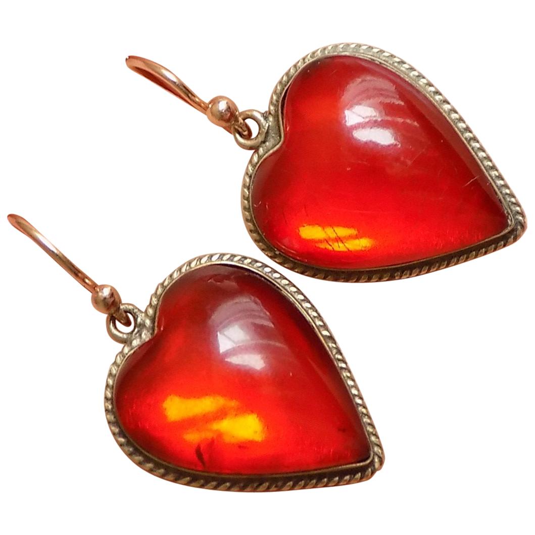 Antique Victorian Cognac Amber Gold Heart Earrings