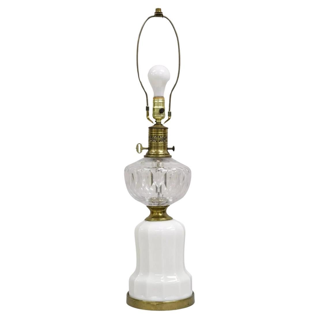 Antique Victorian Coin Dot Crystal Glass & Milk Glass Lantern Table Lamp