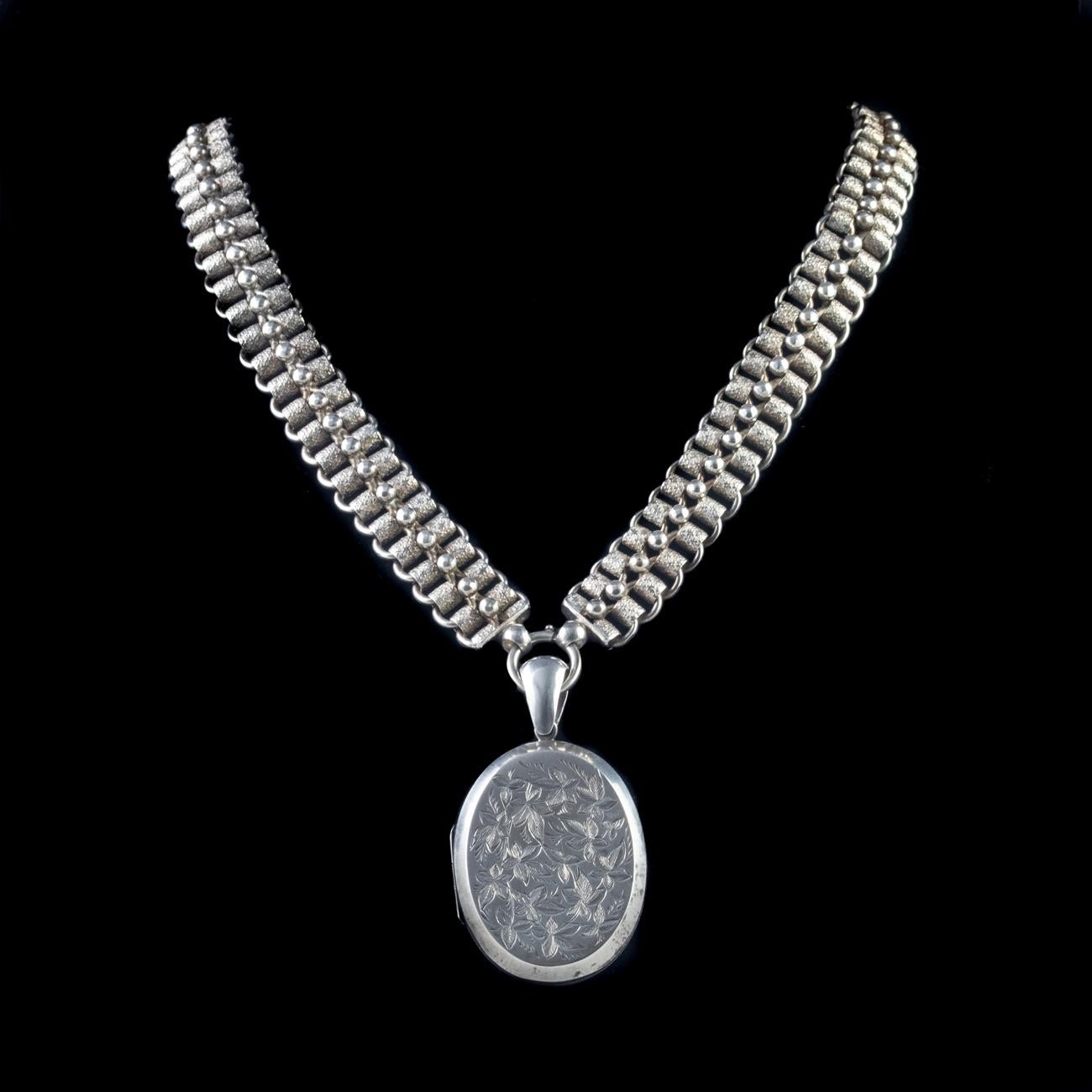 Women's or Men's Antique Victorian Collar and Locket Sterling Silver Dated 1882 For Sale