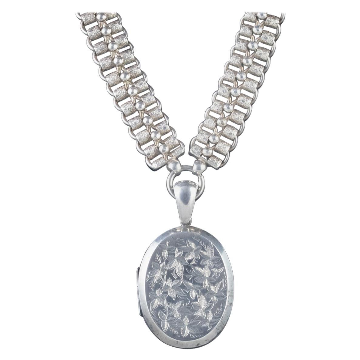 Antique Victorian Collar and Locket Sterling Silver Dated 1882 For Sale