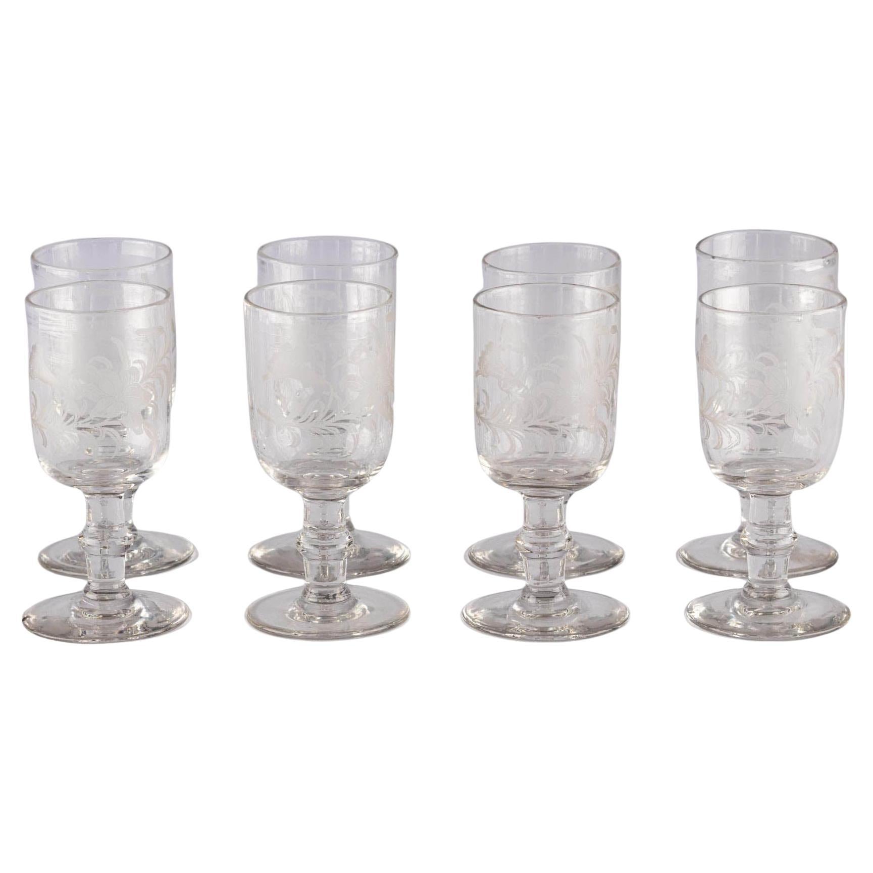 Antique Victorian Collectional Set 8 Etched Glass Drink Wine Glasses Goblets