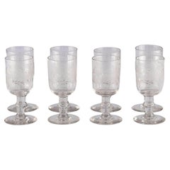 Antique Victorian Collection Set 8 Etched Glass Drink Wine Glasses Goblets