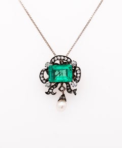 Antique Victorian Colombia Emerald, Pearl, & Old Mine Diamond Pendant Circa 1880