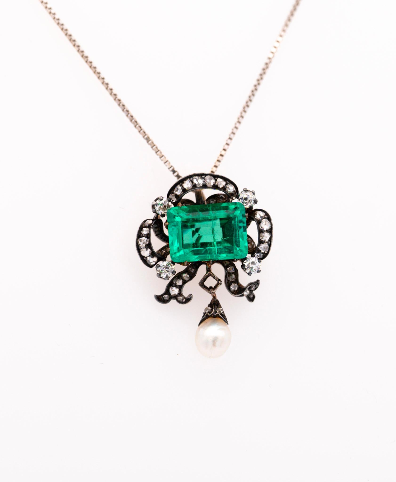 Emerald Cut Antique Victorian Colombia Emerald, Pearl, & Old Mine Diamond Pendant Circa 1880
