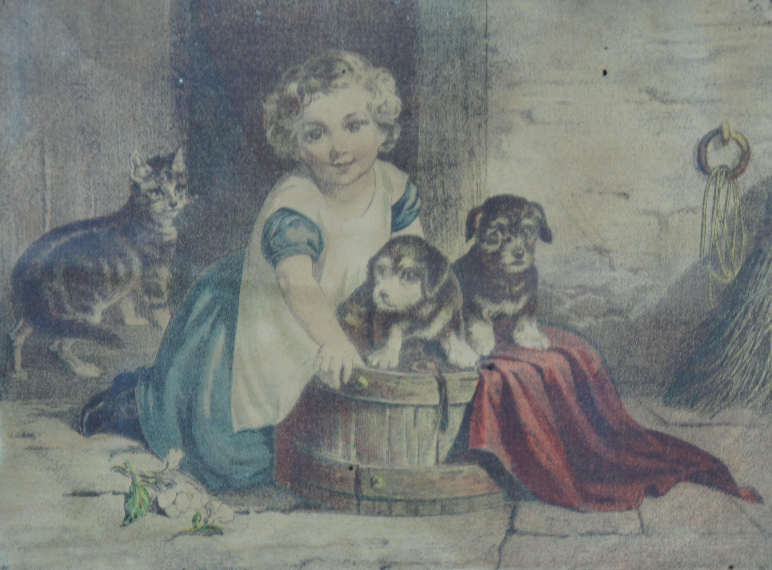 19th Century Antique Victorian Colored Lithograph Portrait Print Child with Puppies & Cat