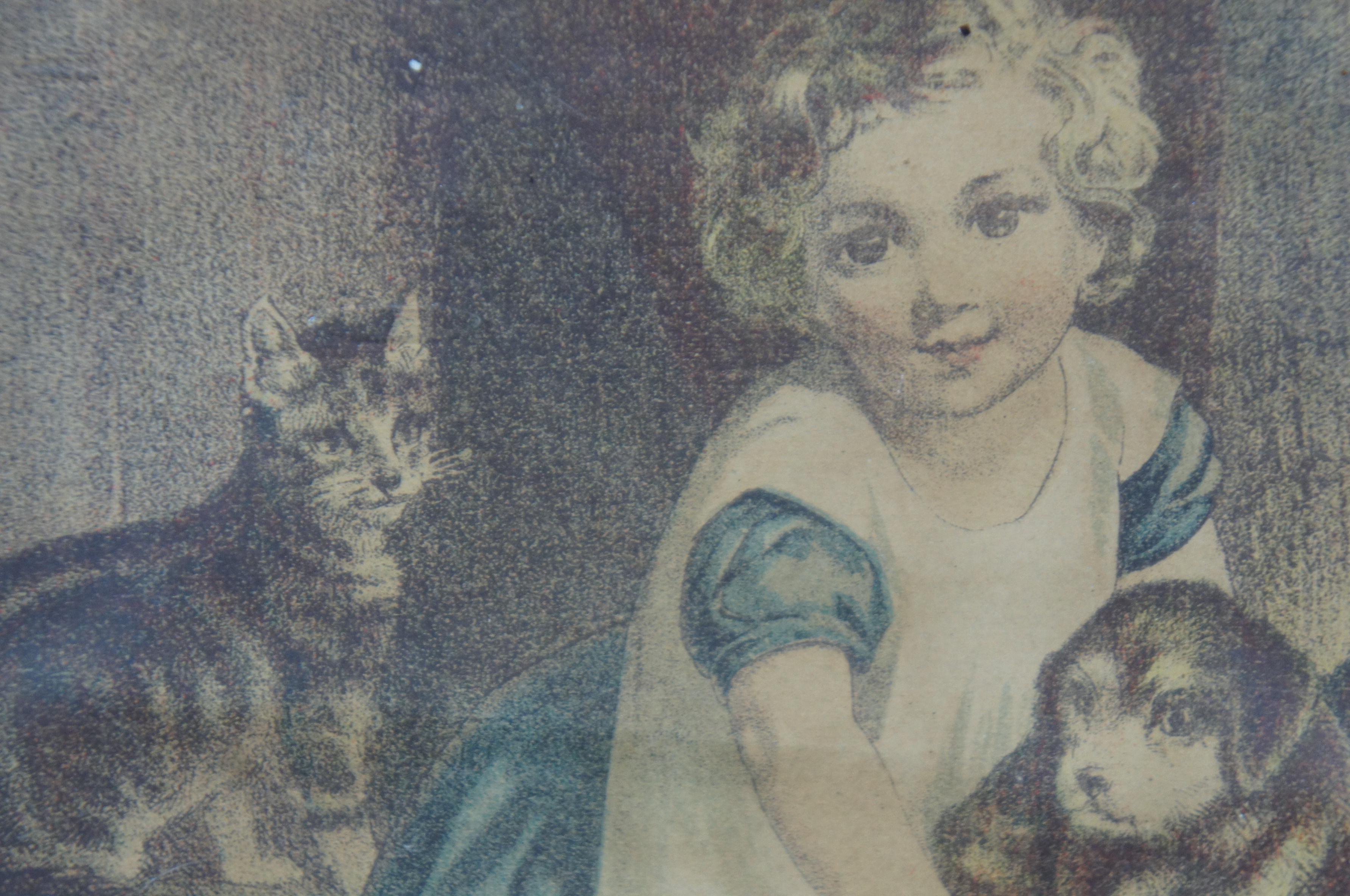 Antique Victorian Colored Lithograph Portrait Print Child with Puppies & Cat 1