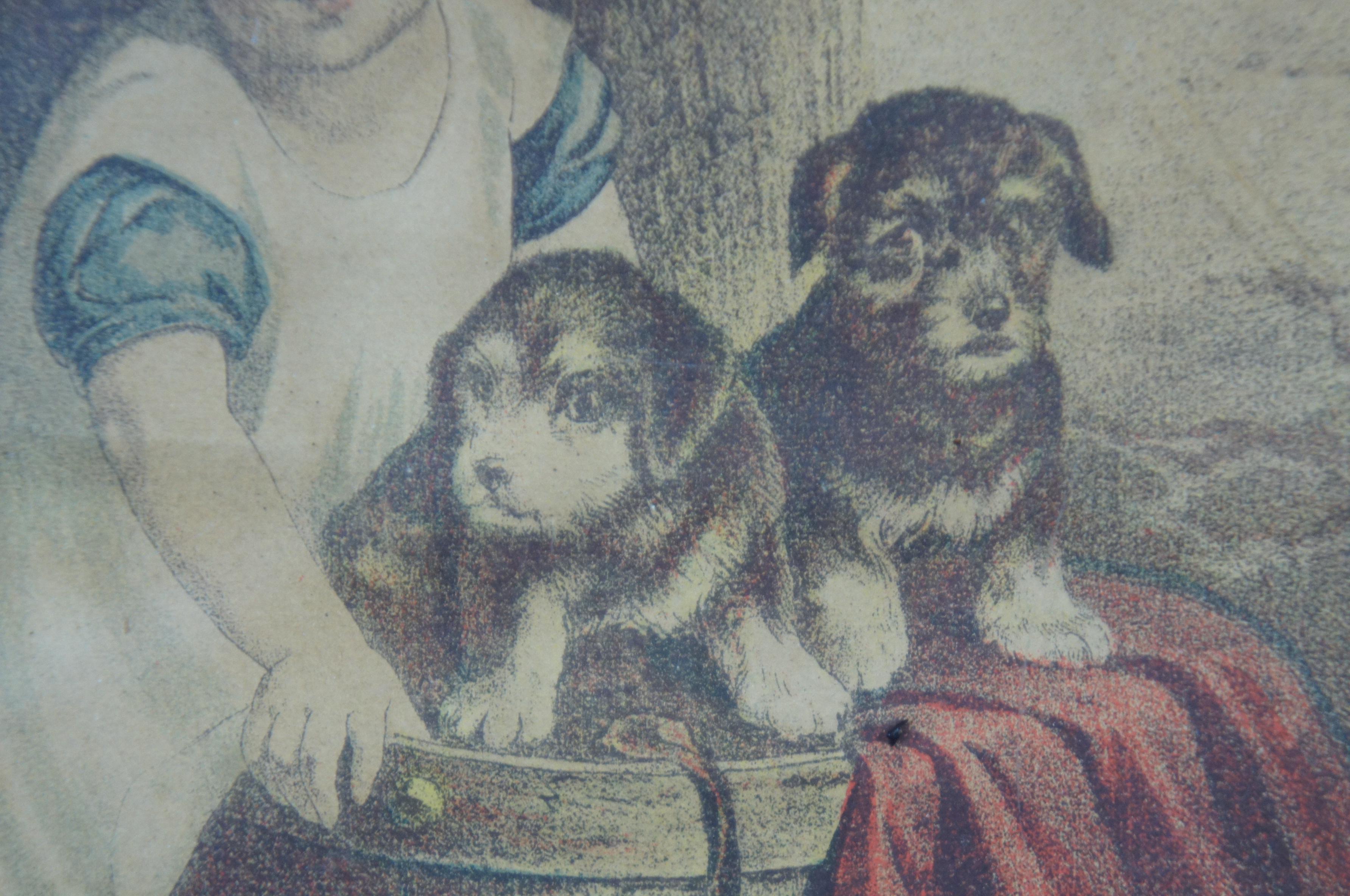 Antique Victorian Colored Lithograph Portrait Print Child with Puppies & Cat 2