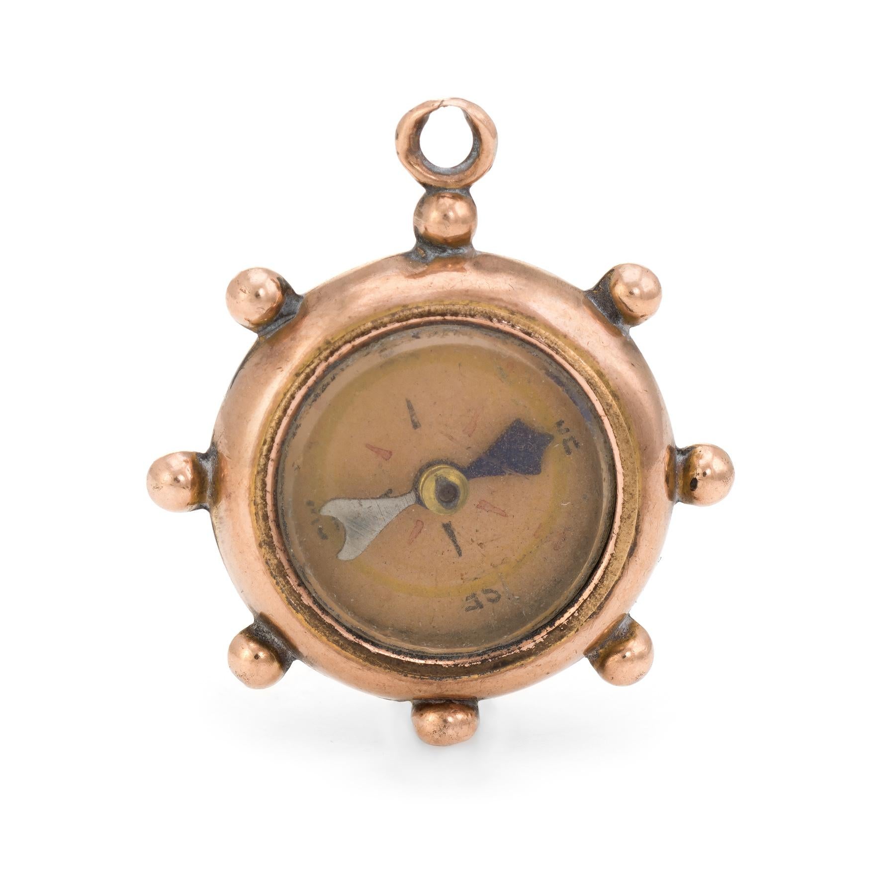 Women's or Men's Antique Victorian Compass Fob Ships Wheel 9k Rose Gold Pendant Nautical Motif  For Sale
