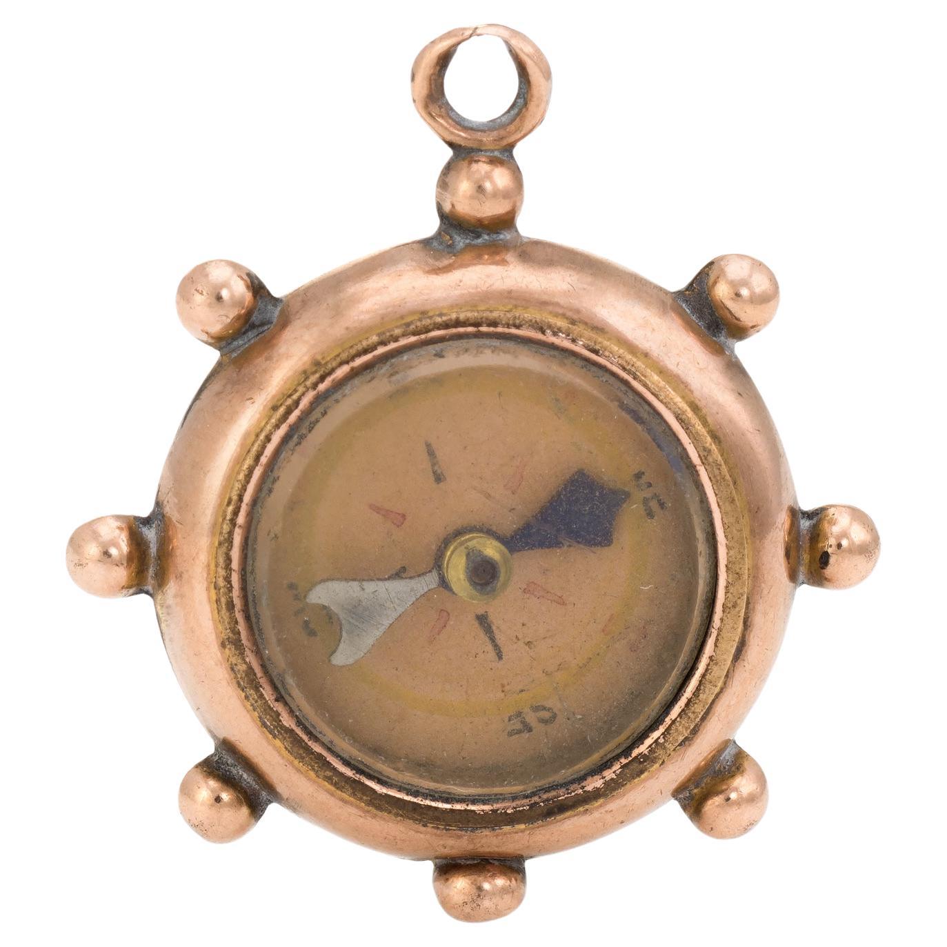 Antique Victorian Compass Fob Ships Wheel 9k Rose Gold Pendant Nautical Motif 