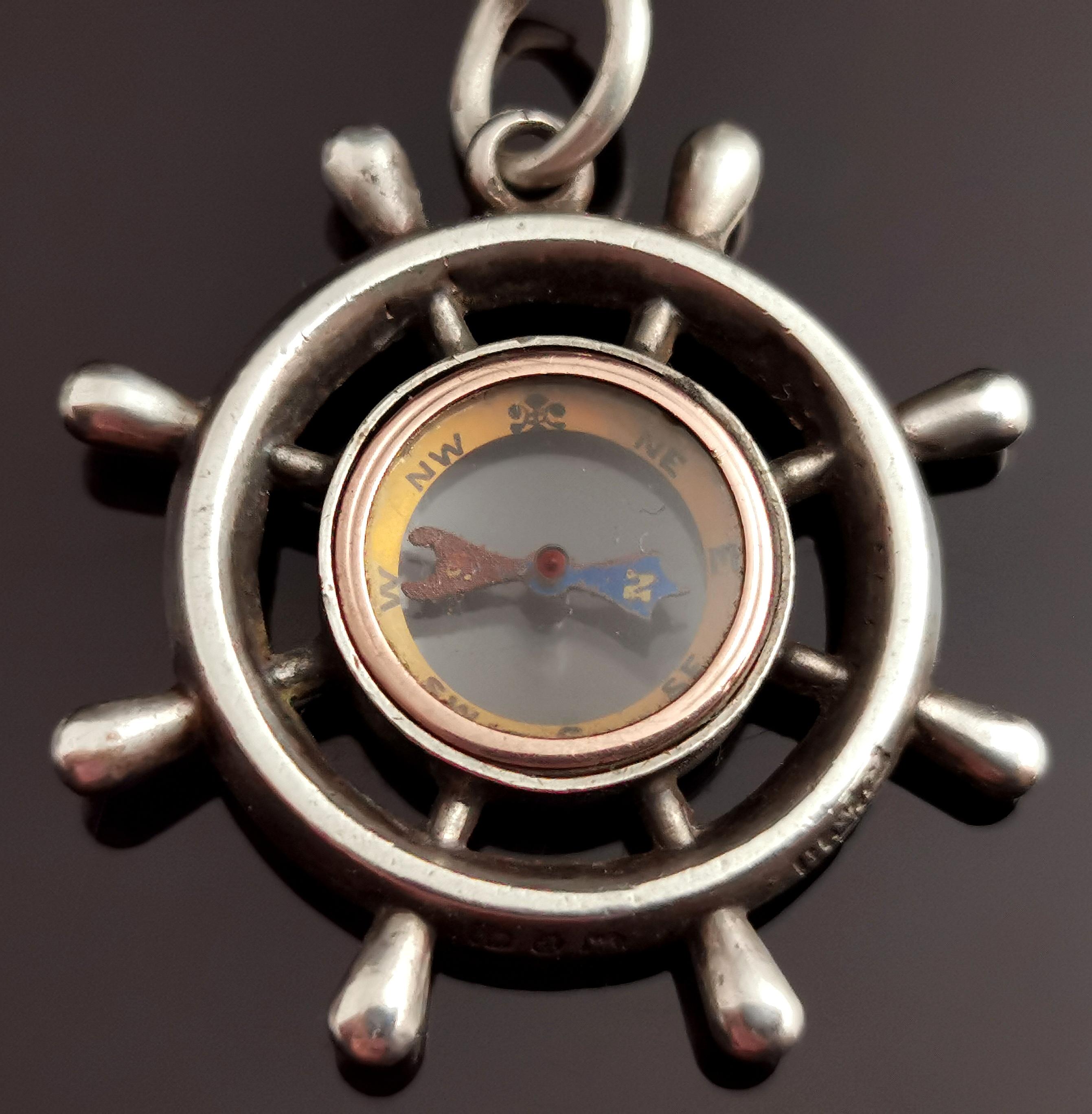 Antique Victorian Compass Pendant Fob, Ships Wheel, Sterling Silver 7