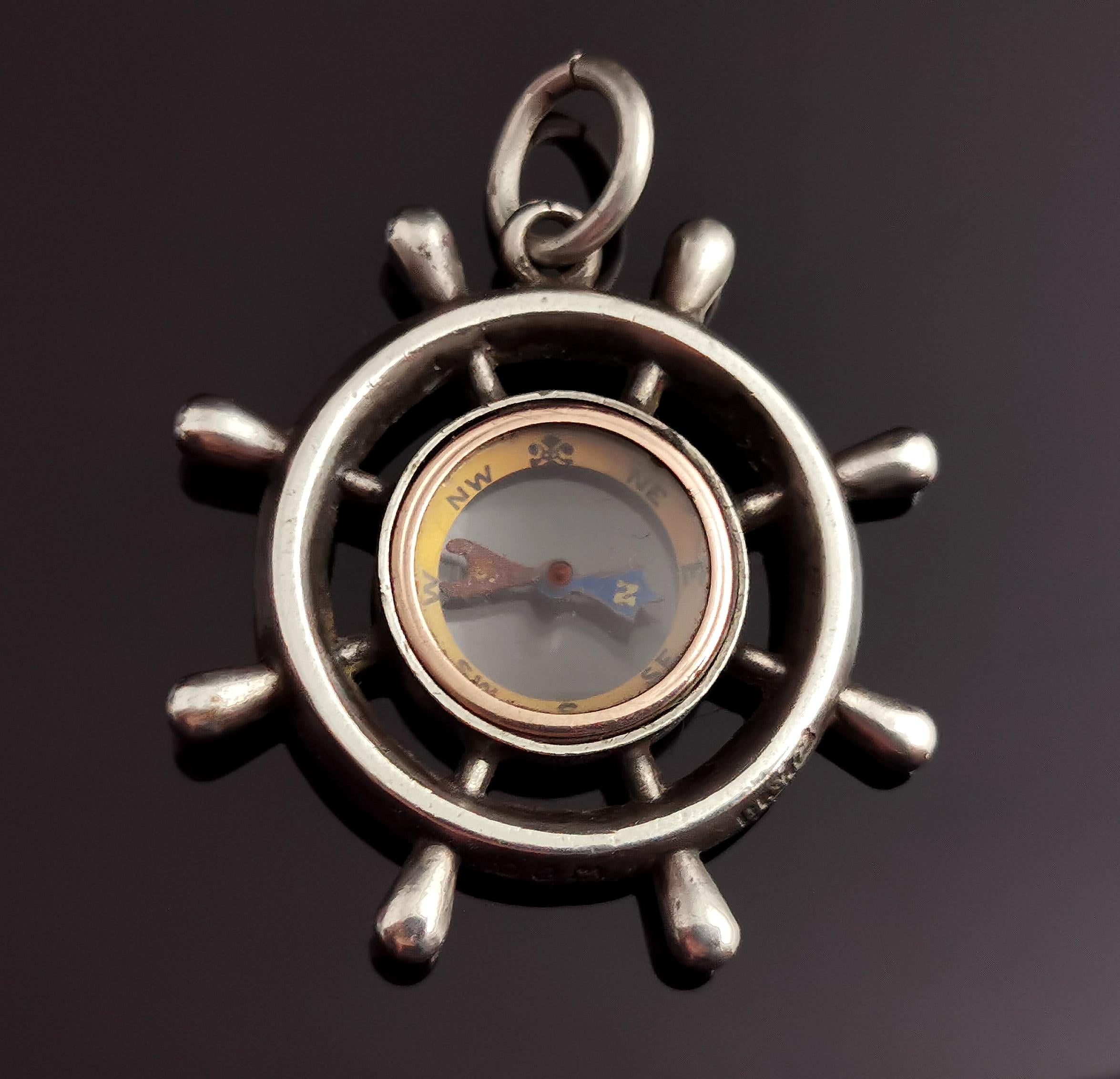 Antique Victorian Compass Pendant Fob, Ships Wheel, Sterling Silver 8