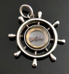 Antique Victorian Compass Pendant Fob, Ships Wheel, Sterling Silver