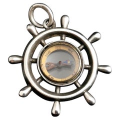 Antique Victorian Compass Pendant Fob, Ships Wheel, Sterling Silver