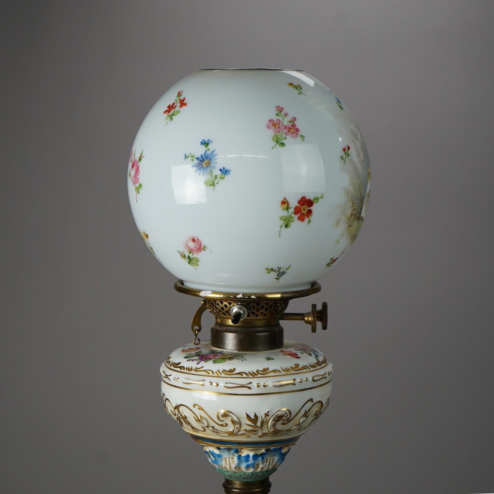 19th Century Antique Victorian Continental Porcelain Hand Painted Banquet Table Lamp 19th C