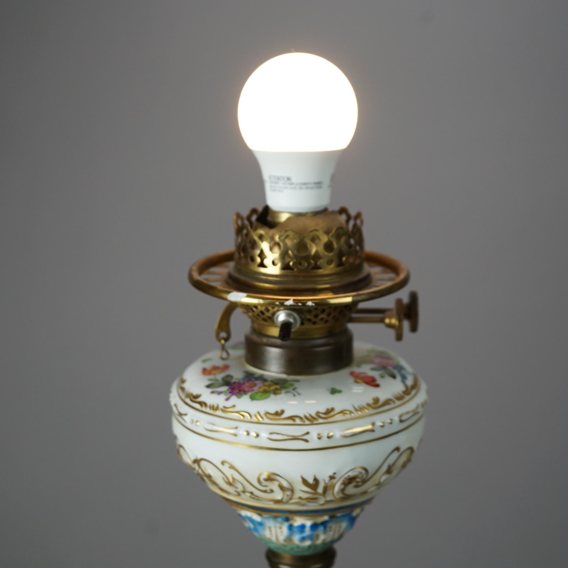 Antique Victorian Continental Porcelain Hand Painted Banquet Table Lamp 19th C 1