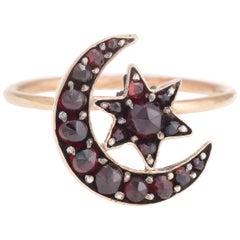 Antique Victorian Conversion Ring Bohemian Garnet Crescent Moon Star 10K Gold