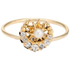 Antique Victorian Conversion Ring Diamond Pearl Crescent Moon Star 14 Karat Gold