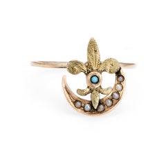 Victorian Conversion Ring Fleur de Lis Pearl Crescent Moon Star 14 Karat Gold