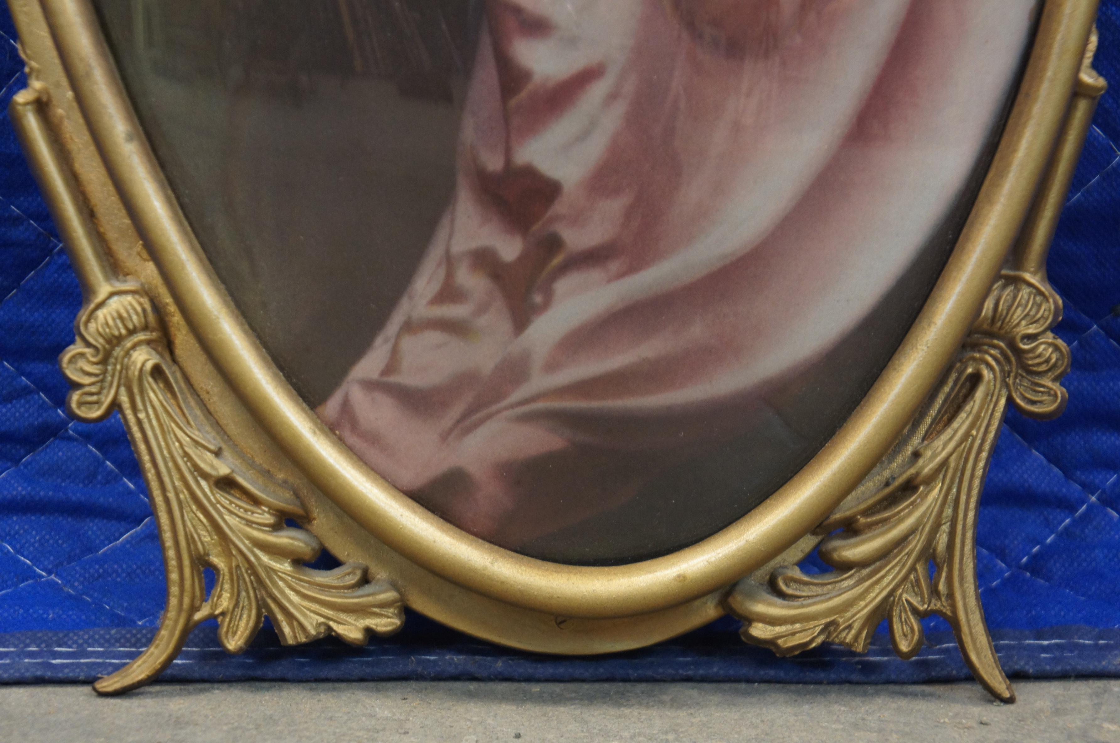 19th Century Antique Victorian Convex Oval Gilded Metal Frame & Lithograph Portrait