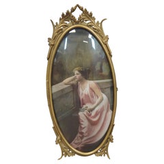 Antique Victorian Convex Oval Gilded Metal Frame & Lithograph Portrait