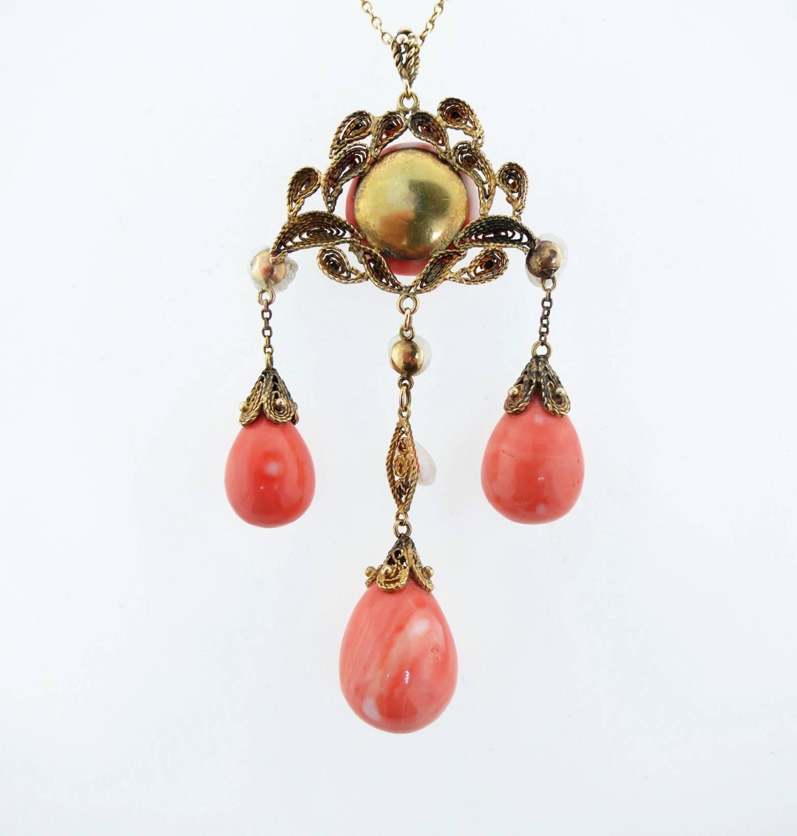 Pear Cut Antique Victorian Coral and Pearl Necklace