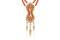 Antique Victorian Coral Beads Necklace with Diamonds