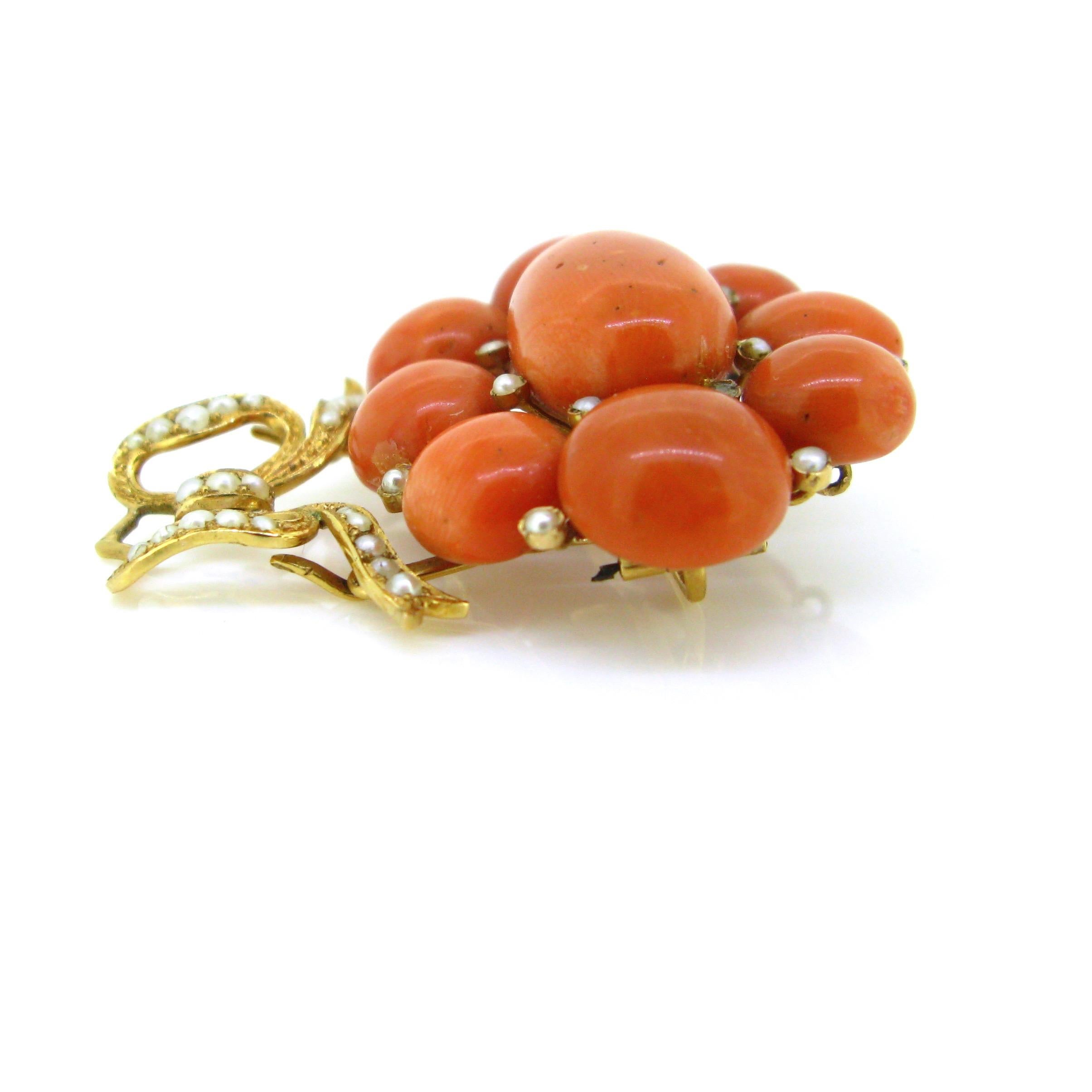 Women's or Men's Antique Victorian Coral Beads Seed Pearls Yellow Gold Convertible Brooch Pendant