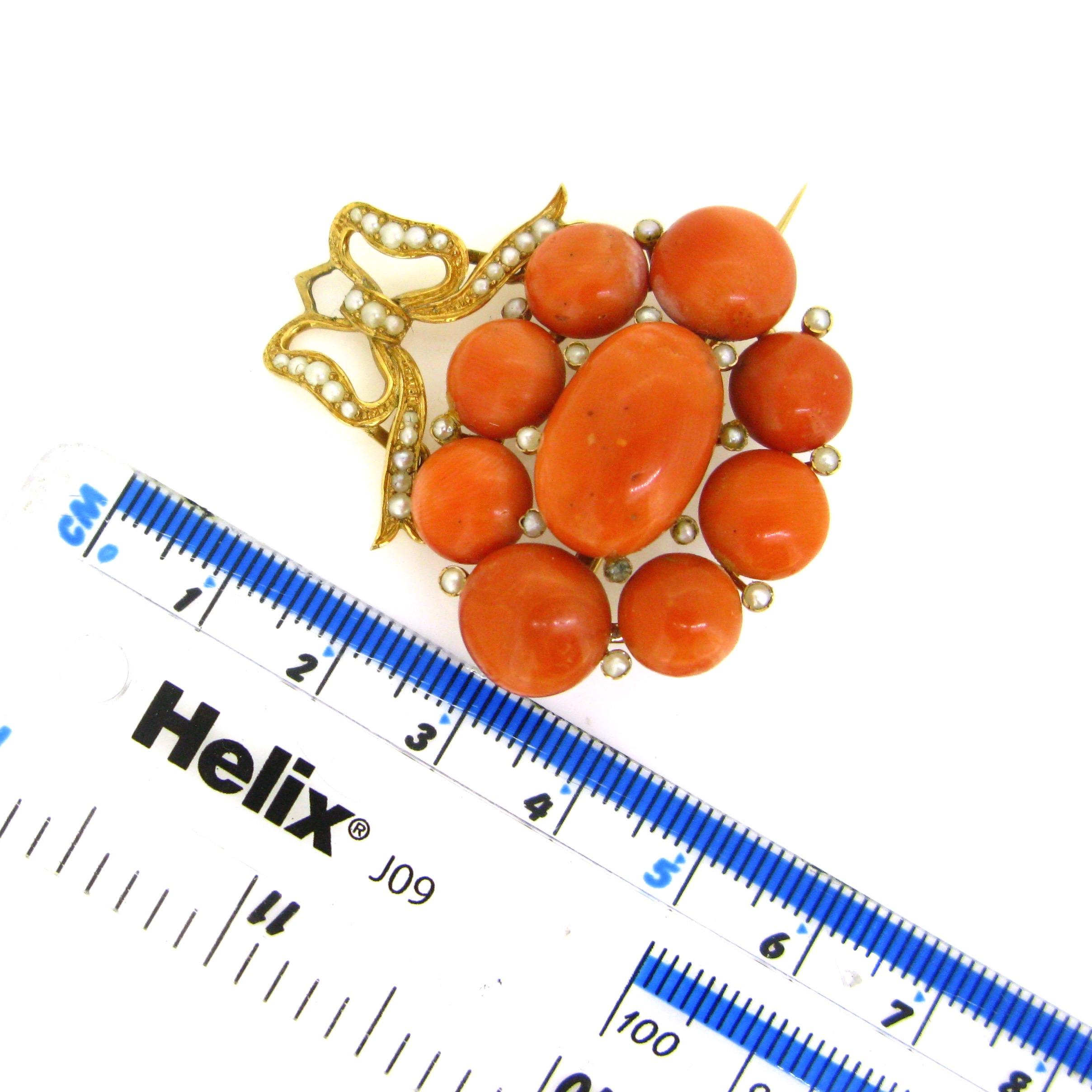 Antique Victorian Coral Beads Seed Pearls Yellow Gold Convertible Brooch Pendant 2