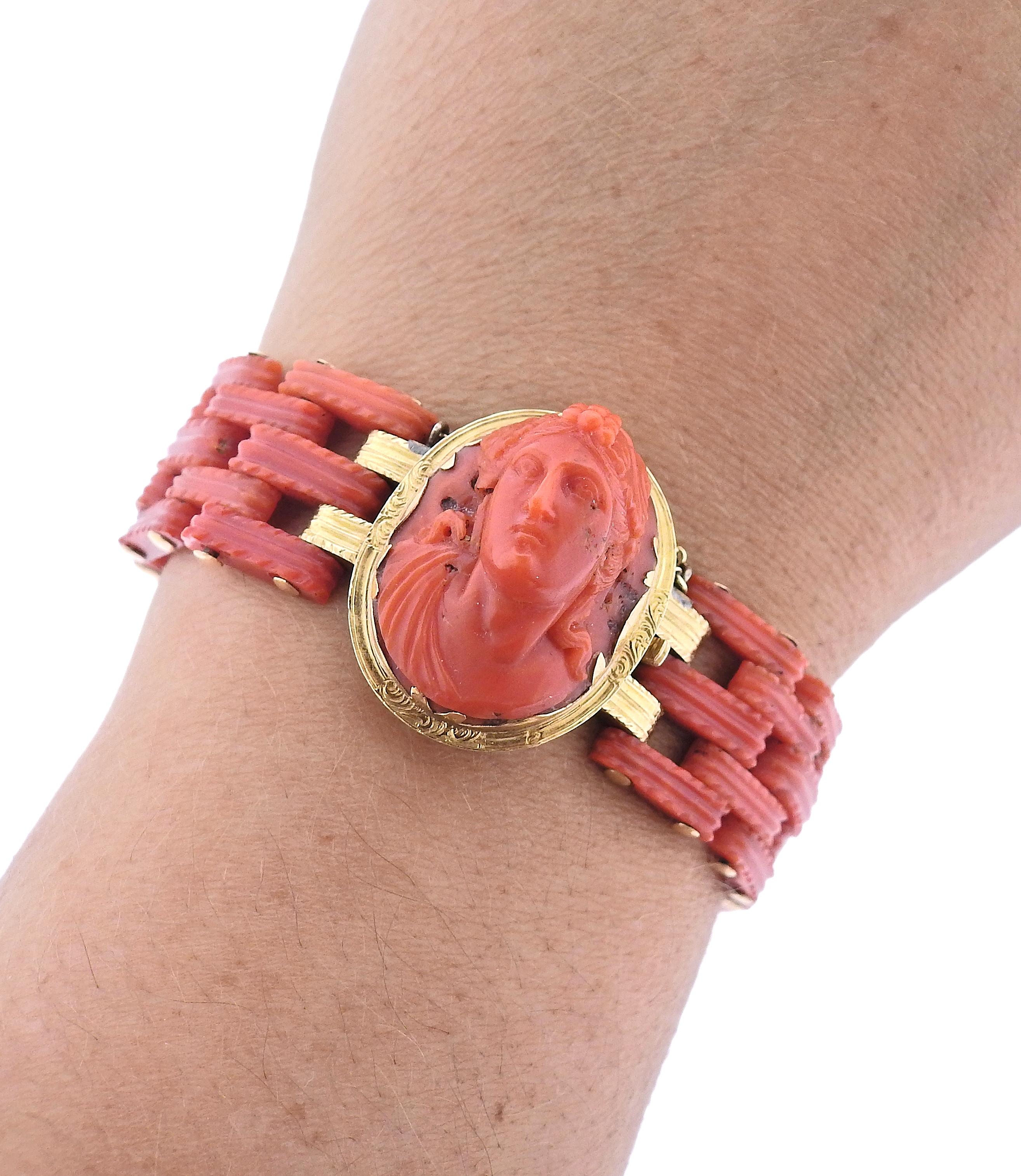 Antique Victorian Coral Cameo Gold Bracelet In Excellent Condition In New York, NY
