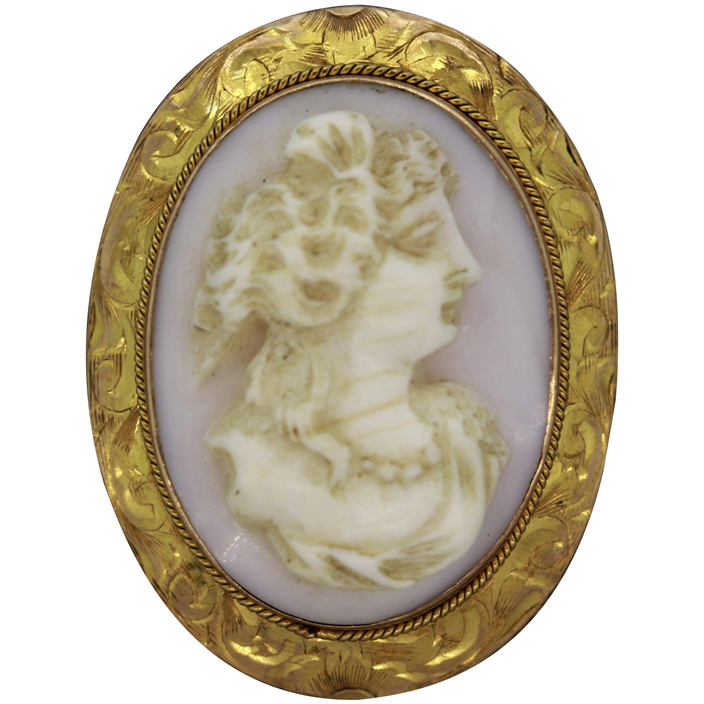 Antique Victorian Coral Cameo Gold Brooch