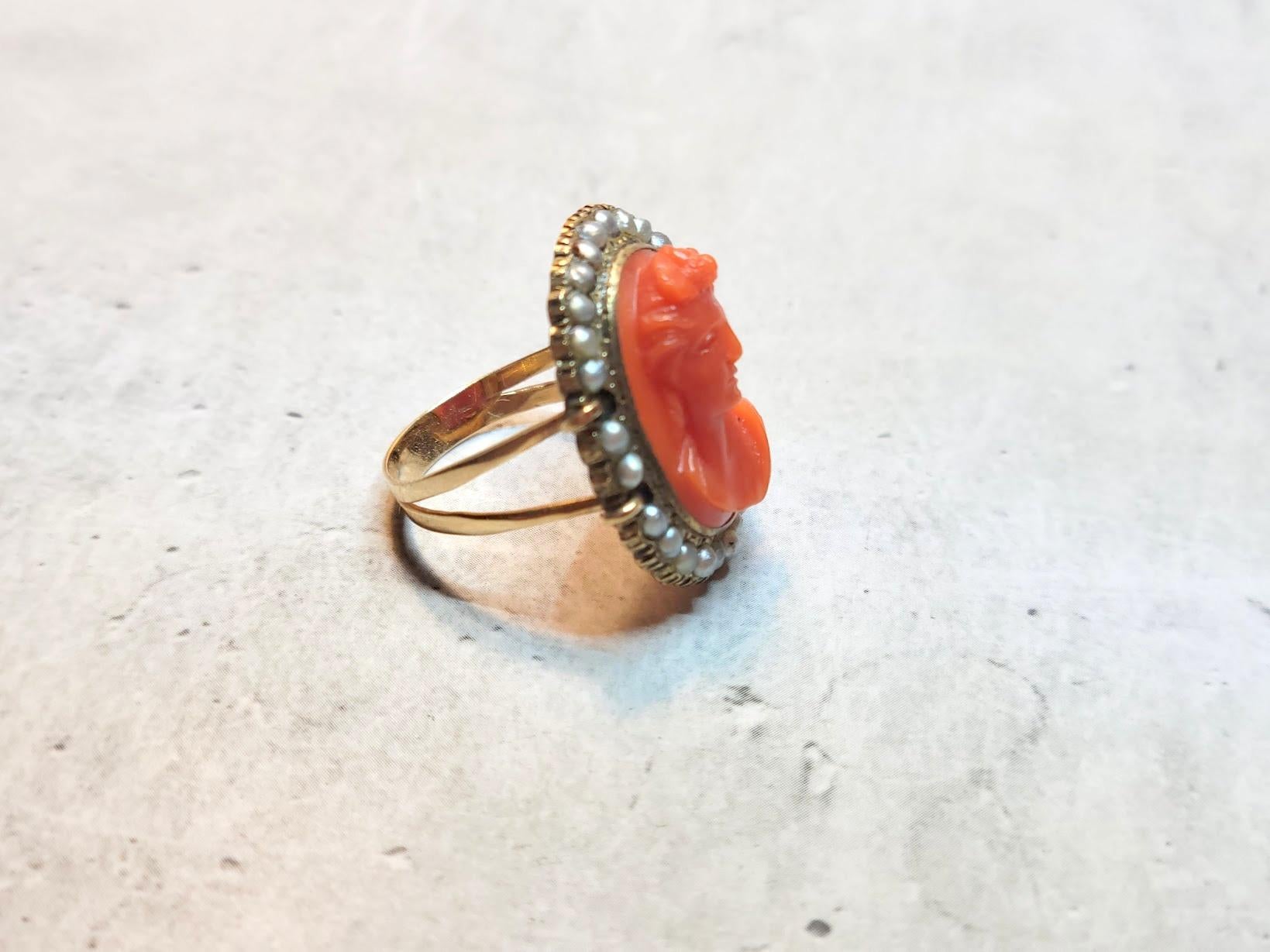 Portrait Cut Antique Victorian Coral Cameo Pearl Gold Ring For Sale