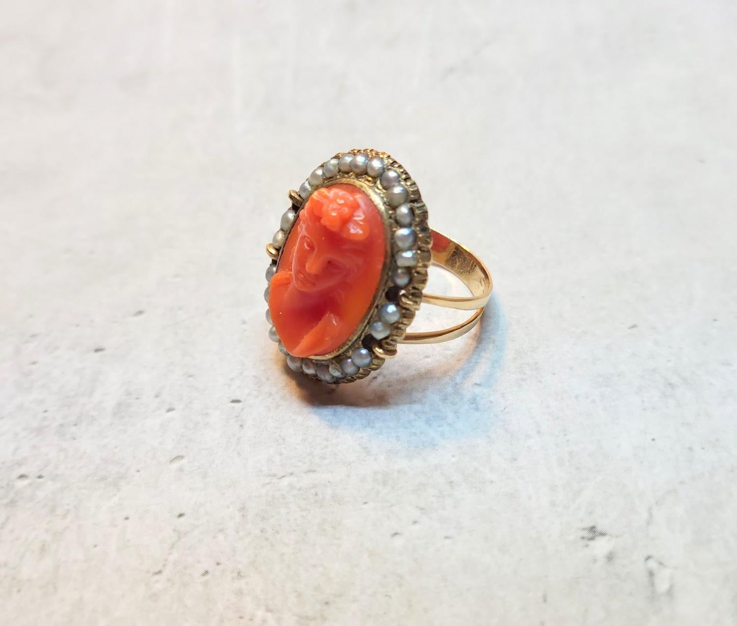 Antique Victorian Coral Cameo Pearl Gold Ring In Excellent Condition For Sale In Chesterland, OH