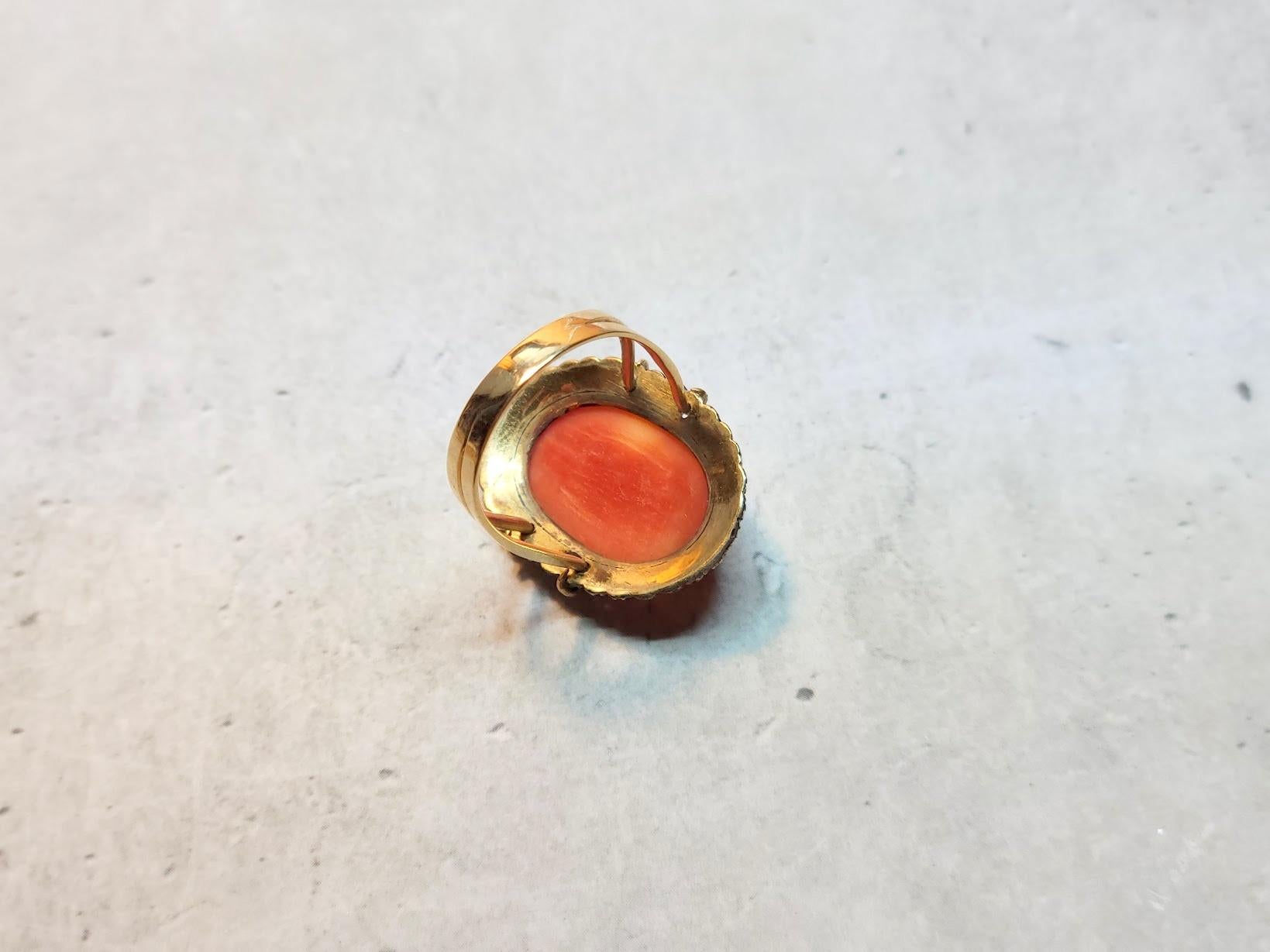 Women's Antique Victorian Coral Cameo Pearl Gold Ring For Sale
