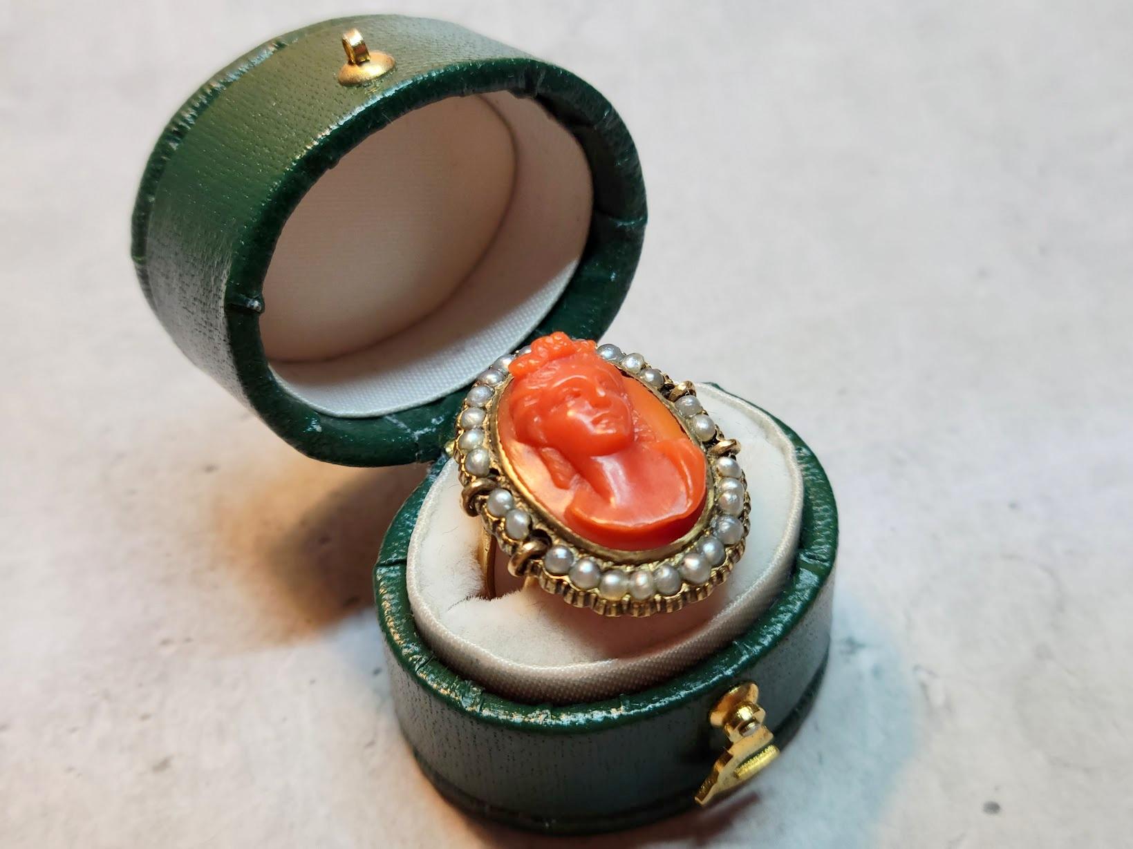 Antique Victorian Coral Cameo Pearl Gold Ring For Sale 1