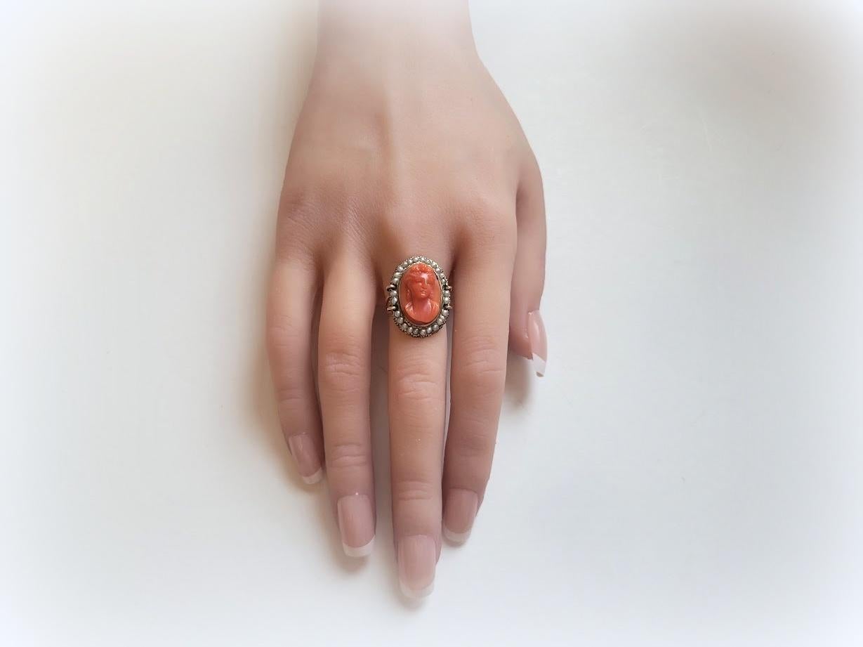 Antique Victorian Coral Cameo Pearl Gold Ring For Sale 2