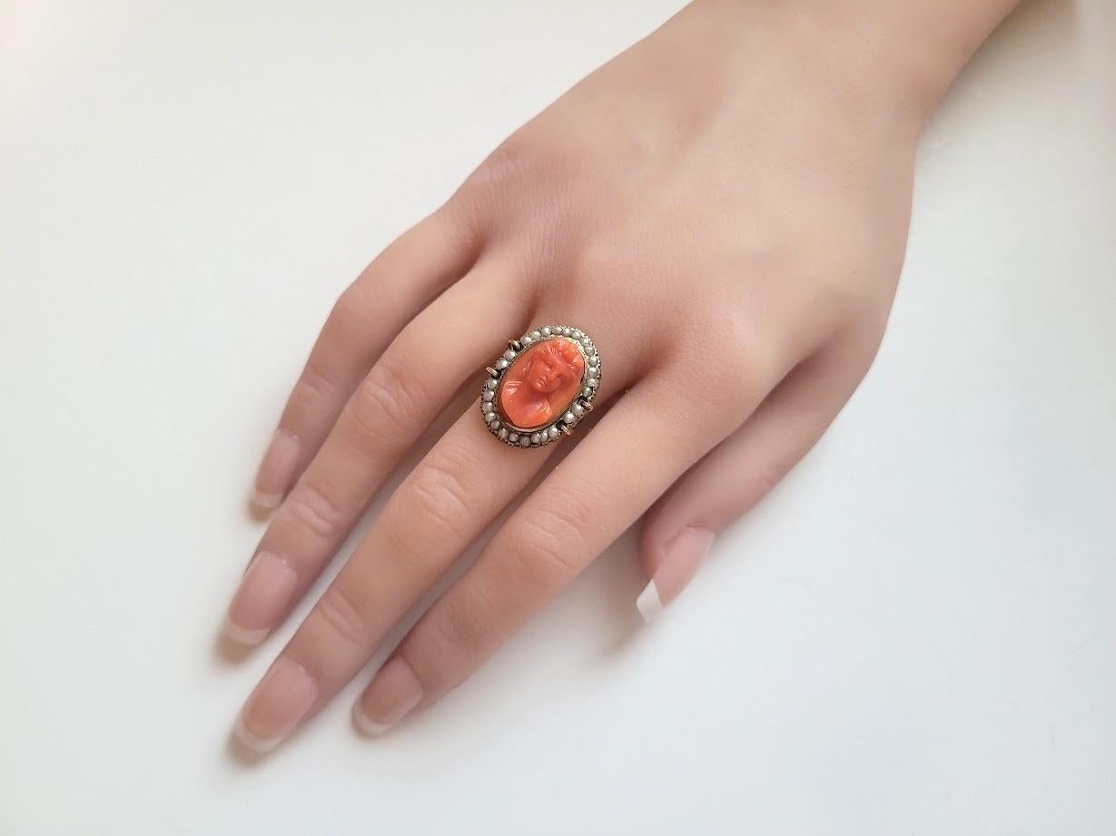 Antique Victorian Coral Cameo Pearl Gold Ring For Sale 3