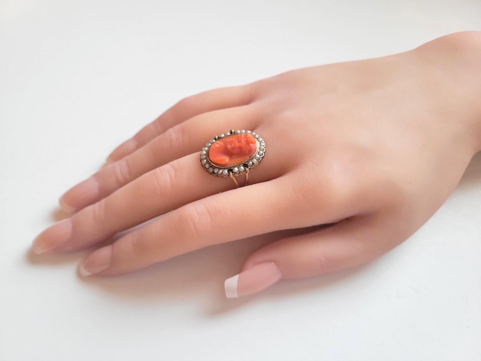 Antique Victorian Coral Cameo Pearl Gold Ring For Sale 4