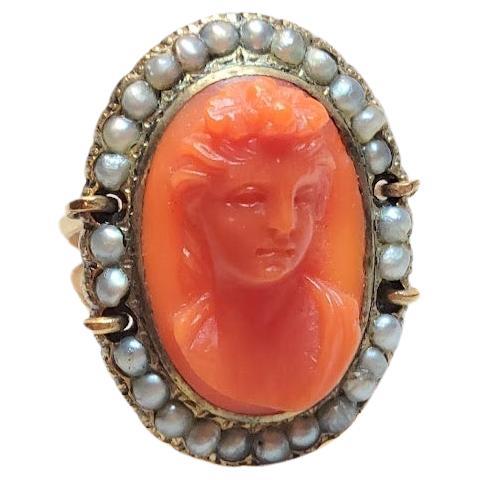 Antique Victorian Coral Cameo Pearl Gold Ring For Sale