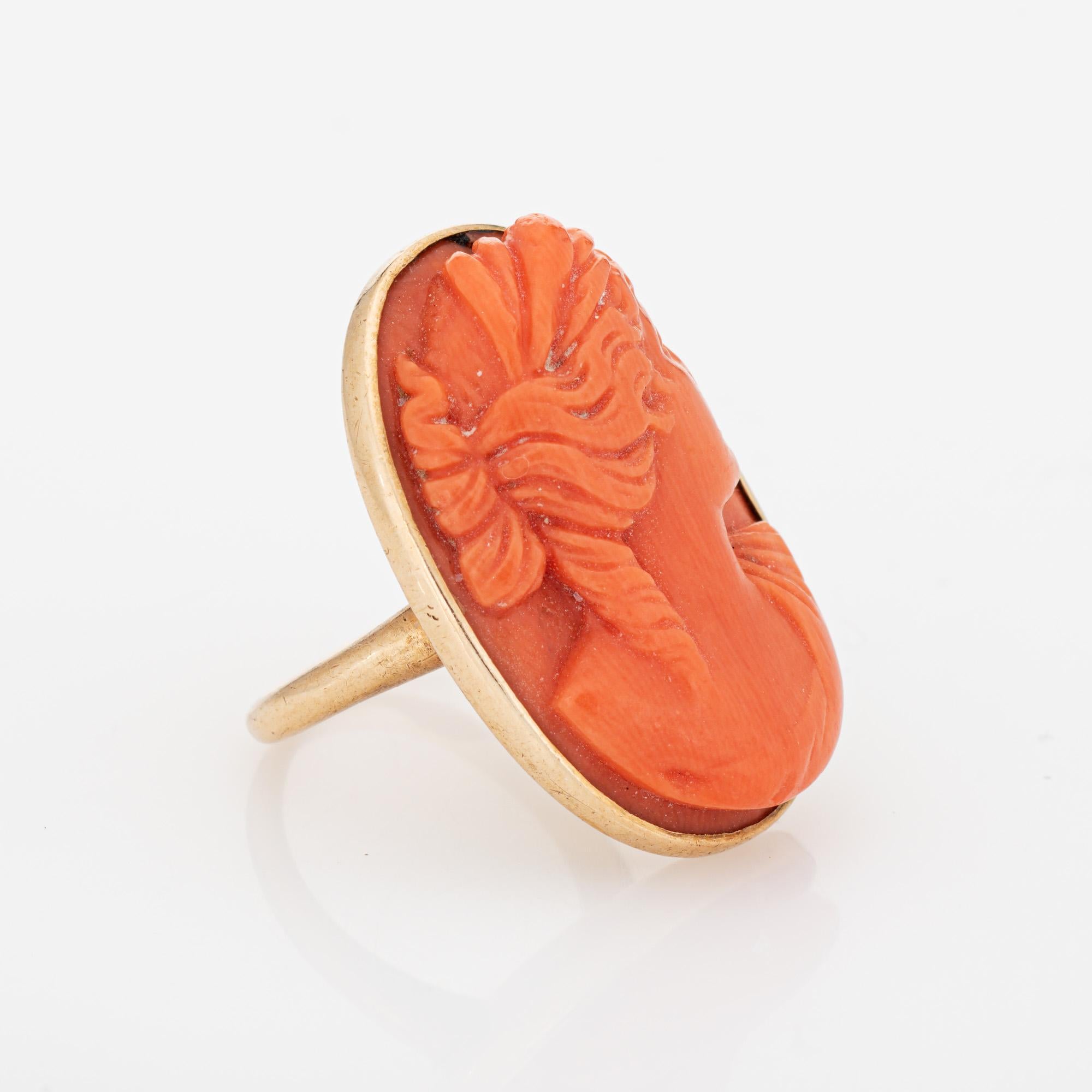 Cabochon Antique Victorian Coral Cameo Ring Sz 4 Vintage 14k Yellow Gold Large Cocktail  For Sale