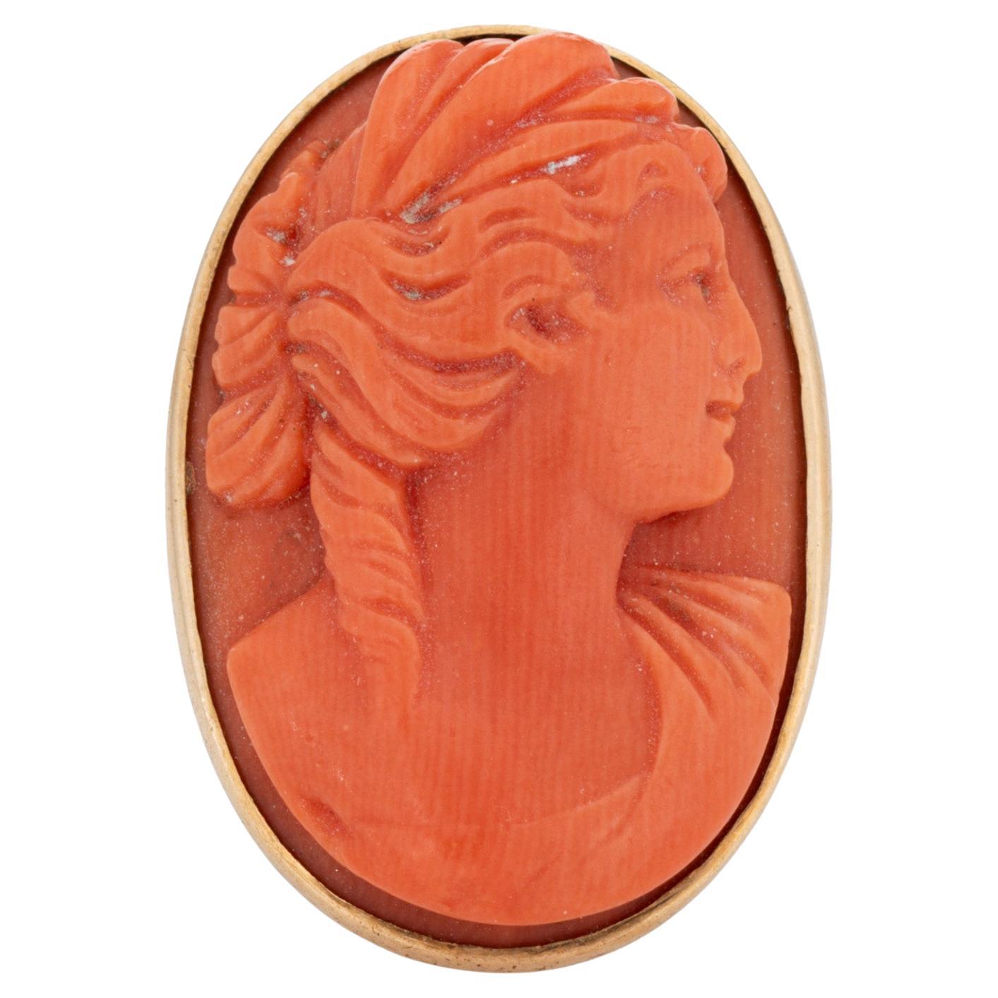Antique Victorian Coral Cameo Ring Sz 4 Vintage 14k Yellow Gold Large Cocktail  For Sale