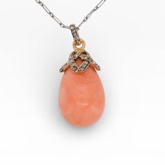Antique Victorian Coral & Diamond Pendant 18k Gold - Natural Pink-Orange Coral