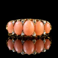 Antique Victorian Coral Diamond Ring 15 Carat Gold circa Dated 1873