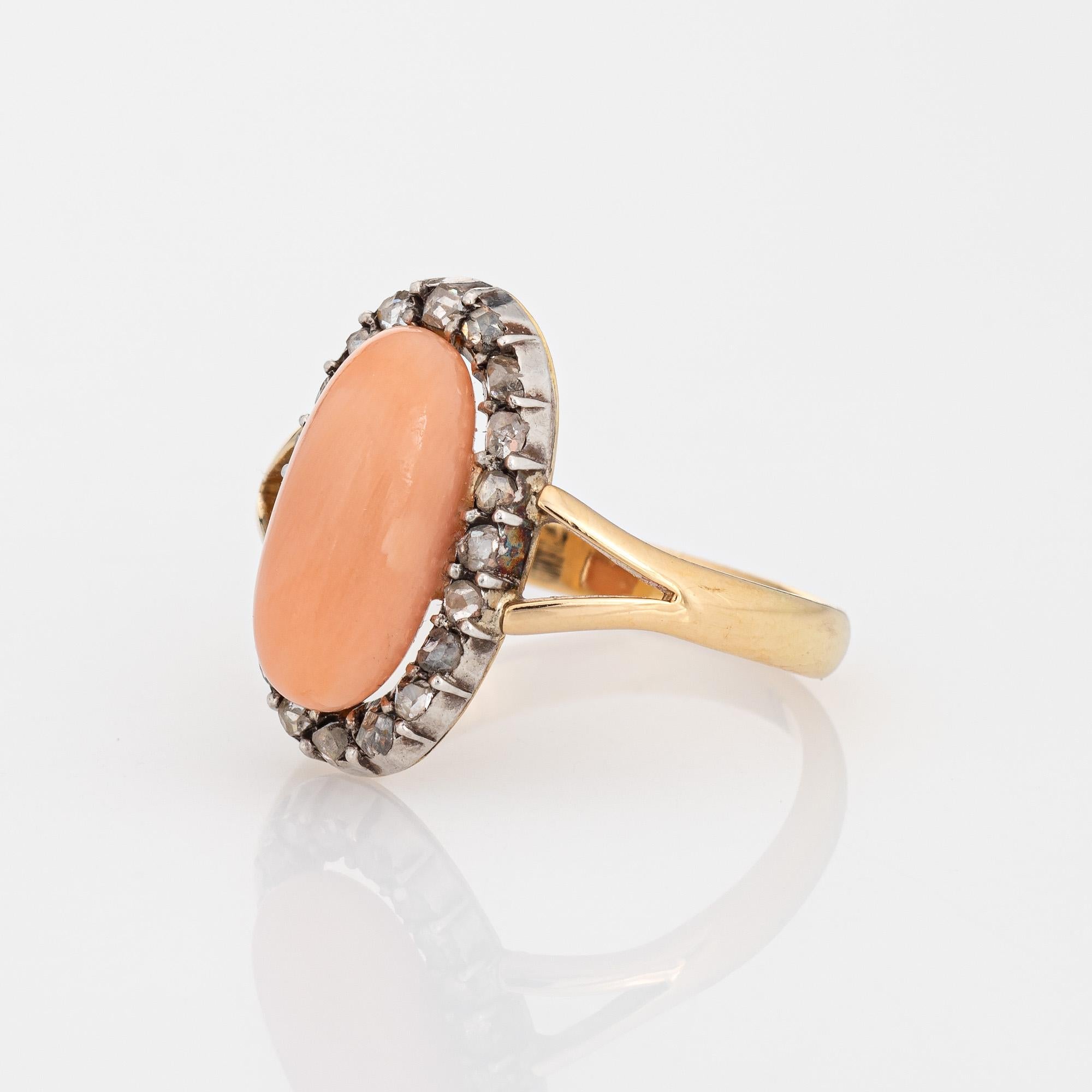 Antique Victorian Coral Diamond Ring Sz 5 Small Oval Cocktail Fine Jewelry   In Good Condition For Sale In Torrance, CA