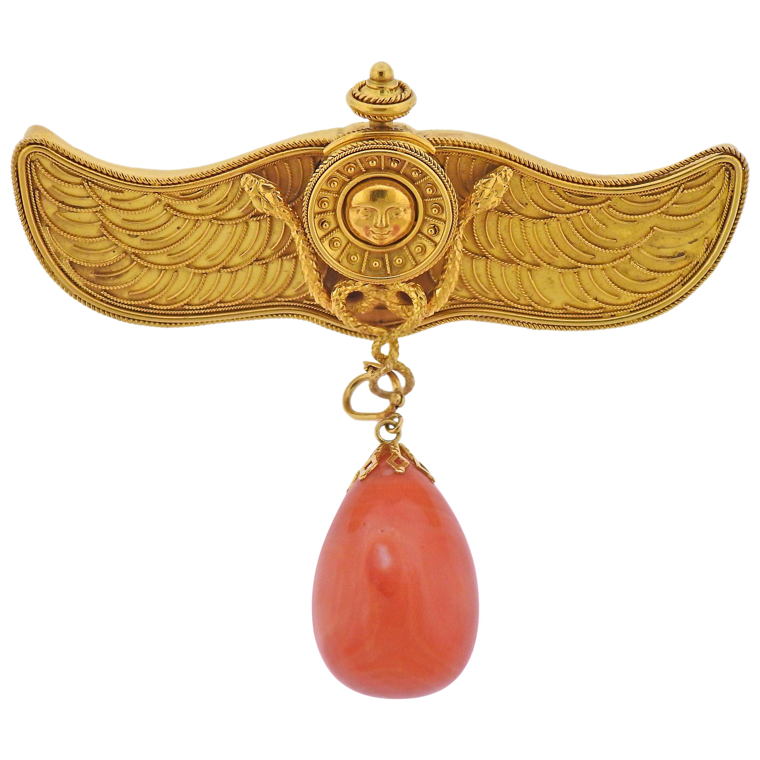 Antique Victorian Coral Gold Brooch Pin For Sale