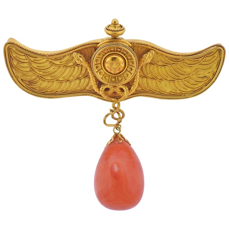 Antique Victorian Coral Gold Brooch Pin For Sale at 1stDibs