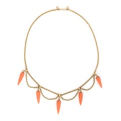 Antique Victorian Coral Necklace 14k Gold Fringe Choker Vintage Fine Jewelry Old
