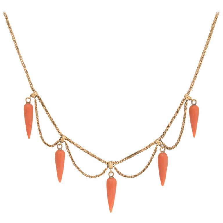 Antique Victorian Coral Necklace 14k Gold Fringe Choker Vintage Fine