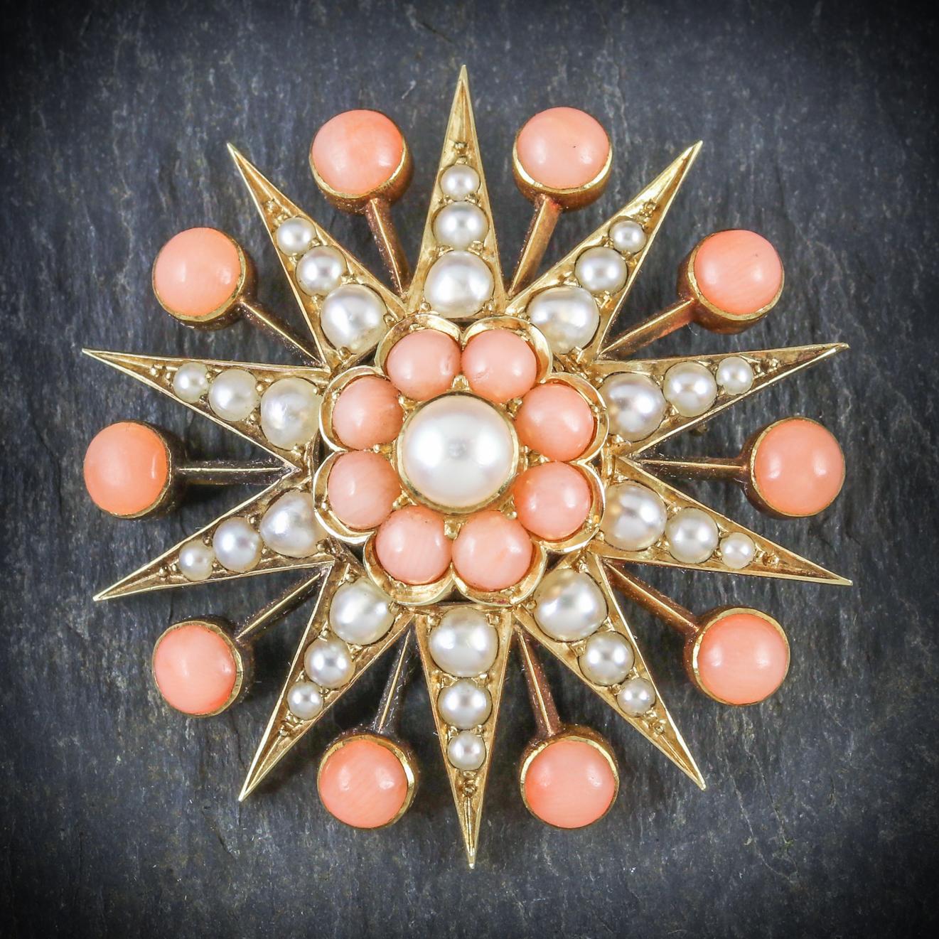 This fabulous antique Coral and Pearl star brooch is from the Victorian era, Circa 1900

The stunning piece is decorated in lovely Coral stones and creamy Pearls in a splendid 18ct Yellow Gold star gallery

The Coral stones add up to 4.1cts in total